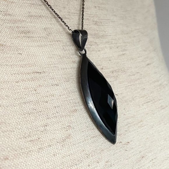 Sterling Silver 925 Oxidized Faceted Black Onyx Marquise Pendant Necklace 17.75" - Picture 7 of 16